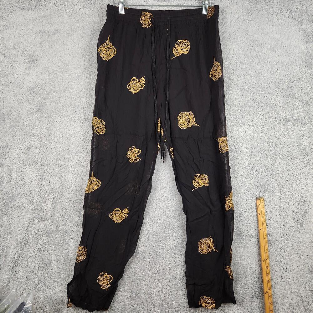 90s Together Pants Womens Tall Medium Black Rose Print Harem Chiffon Lined Boho